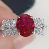 Cluster Rings Glamour Jewelry 3Ct Oval Cut Red Diamond Female Ring AU750 Solid 18K 750 White Gold Fine 212