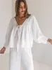 Vêtements de nuit pour femmes Linad coton 2 pièces ensembles de nuit vêtements de nuit trois quarts manches col en V à lacets pyjamas pantalons amples costumes femme 230828