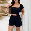 Women's Tracksuits Square Neck Ruffle Solid Two-Piece Suit Lace Up Slim Fit Cropped Top Fashion High Waist Pants Summer Outfits For Women