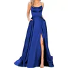 Élégants robes de bal en satin long licou avec des poches A-line Spaghetti Criss Cross Back Sweep Train Forme Form Fany Robe de soirée Maxi Robe de soirée avec fente pour femmes