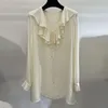 Women's Blouses Classic Runway Female Rayon Solid Shirt Dress Fashion Retro V-Neck Ruffle Edge Design Slim Blouse Elegant Women Clothes