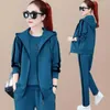 Women's Two Piece Pants 3 Pcs/Set Women Coat Top Set Color Matching Soft Thick Hooded Zipper Elastic Cuff Lady Spring Winter Sports Suit