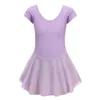 Stage Wear Girls' Classic Ballet Dance Leotards With Gauze Skirts Solid Color 2In1 Short Sleeve Gymnastics Performance Uniforms Bodys