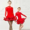 Stage Wear Lace Lantejoulas Crianças Est Sexy Ballroom Vestidos Tango Salsa Latina Dança Vestido Crianças Vermelho Preto para Meninas Mangas Compridas