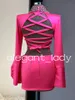 Fuchsia Hot Pink Two Pieces Short Prom Birthday Dresses Long Sleeve Crystal Rose Flower Homecoming Cocktail Gown