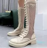 Bottes en maille ajourée triangle de styliste, bottes à lacets en cuir véritable pour femmes