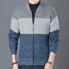 Suéter masculino de inverno, casaco com zíper e carcela, cardigans de malha elegantes com listras de cores contrastantes para o outono