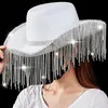 Geniş Memlu Şapkalar Kova Şapkaları Rhinestones Cowgirl Hat Rhinestones Fringe Gline Glitter Cadılar Bayramı Partisi için Kırılma Şapkaları 230828