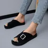 Slippare Softwood Summer Women's Beach Shoes Flat Platform Suede Slides Casual Outer Wear Open Toe Black Pantuflas