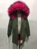 Parka clásica larga con forro y cuello de imitación para mujer, abrigo de invierno al por mayor, color rojo rosa, estilo femenino, piel lista para enviar