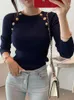 Suéteres femininos Coreano Slim Mulheres Camisola de Malha 2023 Outono Inverno O Pescoço Casual Botão Pulôver Mulher Sólida Elegante Manga Longa Tops