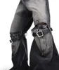 Jeans pour hommes unisexe style urbain rue niche rétro dégradé lavé noir trompette ceinture conception creuse pantalon taille haute décontracté
