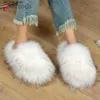 Slippers New Winter Women Fur Slippers Furry Raccoon Fox Fur Slides Faux Fur Plush Fuzzy Flip Flop Warm Fluffy Slipper Luxury Shoes Woman T230828