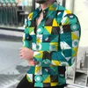 メンズカジュアルシャツ幾何学的な男性ファッションシャツ長袖ハワイアンビーチブラウス服グラフィティカミザスストリートウェア