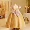 Mädchen Kleider Mädchen Geburtstag Party Kleid Oansatz Puff Hülse Kreuz Spitze Up Bogen Prinzessin Vestidos Pailletten Blume Für Hochzeiten