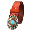 Belts Fashion Women's Genuine Leather Belt Mosaic Gem Turquoise Belts Metal Buckle Arabesque Pattern Retro Lady Jeans Waistband Gift 230829