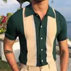 Herr t-skjortor grön polo skjorta stil mogen krage kontrast t-shirt enkelbröst cardigan stickad slitage