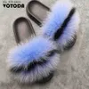 Kvinnor Summer Fashion Furry Flip Flops Real Fox Fur Slides Ladies Fluffy Slippers Casual Soft Fuzzy Amazing Female Shoes T230828 9FFE1