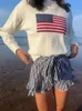 Высококачественный свитер-поло, женский свитер Y2K, женский зимний винтажный женский роскошный вязаный свитер с флагом США, Эстетический пуловер с длинными рукавами 230831