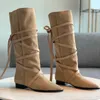 Lophie Sangle de corde Wrap Hallf Boots bloc talons épais semelle en cuir à lacets bottillons à bout pointu créateurs de luxe pour femmes mode chaussures occidentales chaussures d'usine