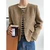 Women's Wool Blends Women's Single Button Tweed Crop Jacket Brown Gray Short Blazer 230828