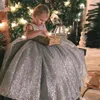 Kız Elbiseler Düğünler İçin Çiçek Gümüş Gümüş Parlak Kalıcı Kabarık Prenses Kids Akşam Partisi Pageant İlk Cemaat Balo Kıyafetleri