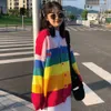Womens Knits Tees Autumn Spring Harajuku Knit Cardigan Women Striped Rainbow Sweater Coat Female Loose Sweaters Letter Embroidery Jumper Cardigans 230828