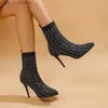 ブーツ2023女性秋冬の伸縮性のあるニットアンクルアンクルブーツ靴下スタイルスリップセクシーなスティレットヒールピープトゥーメスの短いブーツT230829