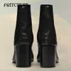 Botas preto split toe casual couro redondo salto alto deslizamento em cor sólida design simples moda curta mulheres 230829