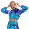 Damen-Kapuzenpullover, Sweatshirts, sexy, abgeschnitten, holografisch, für Damen, glänzender PU-Metallic-Kapuzenpullover, langärmelig, kurzes Sweatshirt mit Kordelzug, Pullover, Streetwear, 230829