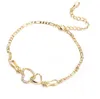 Bijoux 18K plaqué or jaune CZ Double coeurs chaîne de cheville bracelet pour filles fête de mariage