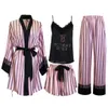 Kadın Slaix Dantel Stripe Pijamalar Rhinestone Kadınlarla Saten Kimono Robe Elbise Seti Yaz Vneck Batah Sling Şort Pantolon Loungewear 230828