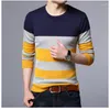 Herrtröjor 2023 Autumn Fashion Slim Fit Round Neck Wide Stripe Casual Knitwear For Middle and Young People Underlay