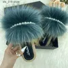 Fox Slippers Faux Woman Natural Fur Summer Espadrilles Pearl Chain Fluffy Slides Flip Flops Flats Women Shoes Sandals T F E