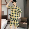 Mäns sömnkläder Summer Short Pyjamas passar män pojke mode pläd bomull set koreanska hem kläder pajama homme dropship