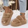 Winter Women Faux 2023 Fur Fully Wrapped Sole Vamp Furry Slippers Black Female Warm Flats Large Size Slides Cozy Home T2 d29a ry