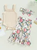 Clothing Sets Girls Summer Outfit Sleeveless Floral Straps Headband Bell Ruffle Bottom Romper Bodysuit With Matching Flared Pants