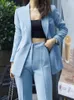 Pantalon de deux pièces pour femmes Femmes Automne Pantalons 2 pièces Ensembles Casual Blue Blazers Manteaux et pantalons Femme Élégant Streetwear Solide Formel