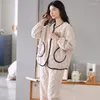 Damen-Nachtwäsche, Winter-dicke warme Frauen-Flanell-Pyjama-Set, lange Ärmel, Umlegekragen, Strickjacke, Cartoon-Homewear, XXL, weibliches Nachthemd