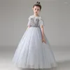 Robes de fille Illusion de fleurs col rond paillettes princesse longueur au sol Tulle dentelle courte argent hors de l'épaule robe de soirée pour enfants H231