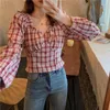 Polos femininos outono roupas estilo coreano retro tamanho grande meninas gordas emagrecimento gola quadrada xadrez topo suave curto temperamental s