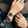 腕時計ファッションウィリストップブランド女性スクエアレディースクォーツブレスレットセットグリーンダイヤルシンプルなローズゴールドメッシュとレザーラグジュアリーウォッチ