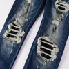 Mens Jeans High Street Fashion Men Retro Washed Blue Stretch Fit Ripped Leather Patched Designer Hip Hop Brand Pants 230829