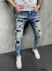 Blaue Röhrenjeans für Männer, bemalt, Stretch, Slim Fit, zerrissen, Distressed, Plissee, Kniebesatz, Denim-Hosen, Marke, Freizeithose, männlich, HKD230829