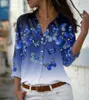 Polos femininos mulheres manga longa flor camisa moda gradiente borboleta impressão tops casual senhora único breasted moletom