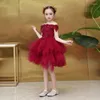 Mädchen Kleider Blumenstickerei Schulterfrei Prinzessin U-Boot-Ausschnitt Ballkleid Luxus Burgund Applikationen Spitze Kind Party Rock H061