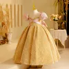 Mädchen Kleider Mädchen Geburtstag Party Kleid Oansatz Puff Hülse Kreuz Spitze Up Bogen Prinzessin Vestidos Pailletten Blume Für Hochzeiten