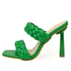Tofflor 2023 Sexig grön vävning Slide Women Summer Stiletto High Heels Sandaler Fashion Toe Stripper kvinnliga skor