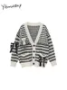 Women s Knits Tees Yitimuceng V Neck Women Cardigan Autumn Winter 2023 Fashion Vintage Button Up Loose Sweater Casual Striped Knitted 230829