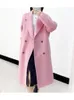 女性のウールブレンド冬の韓国スタイル二重胸肉のシルクウサギウール長いオーバーコート手作りのゆるいピンクグレーウールコートジャケット230828
